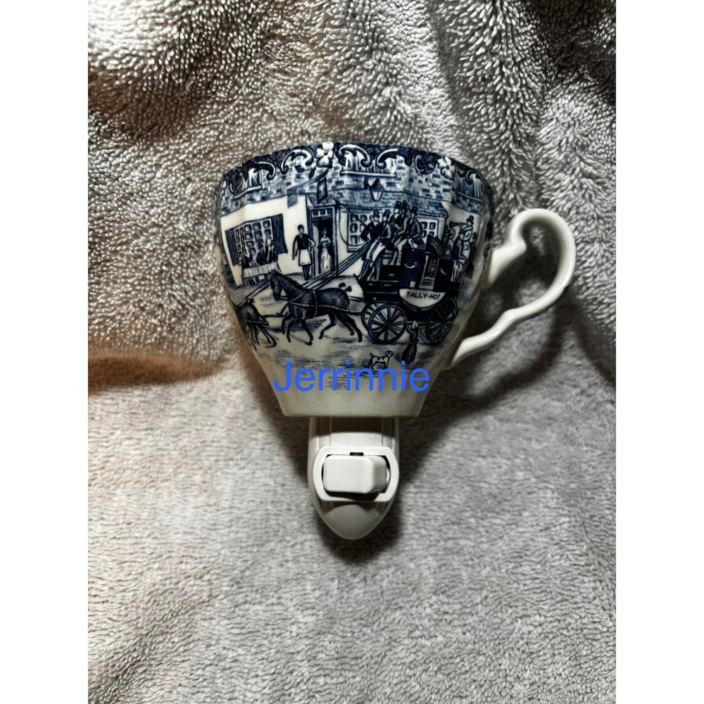 Handcrafted Blue White Transferware Teacup Night Light Tally Ho Carriage Scene